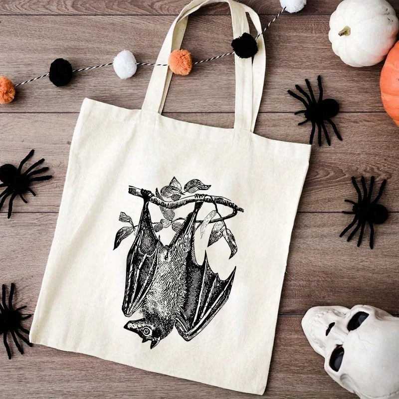Canvas Tote Bag with Upgraded Straps Gothic Halloween Flying Bat Print Large Capacity Durable Handbag for Party Travel Shopping
