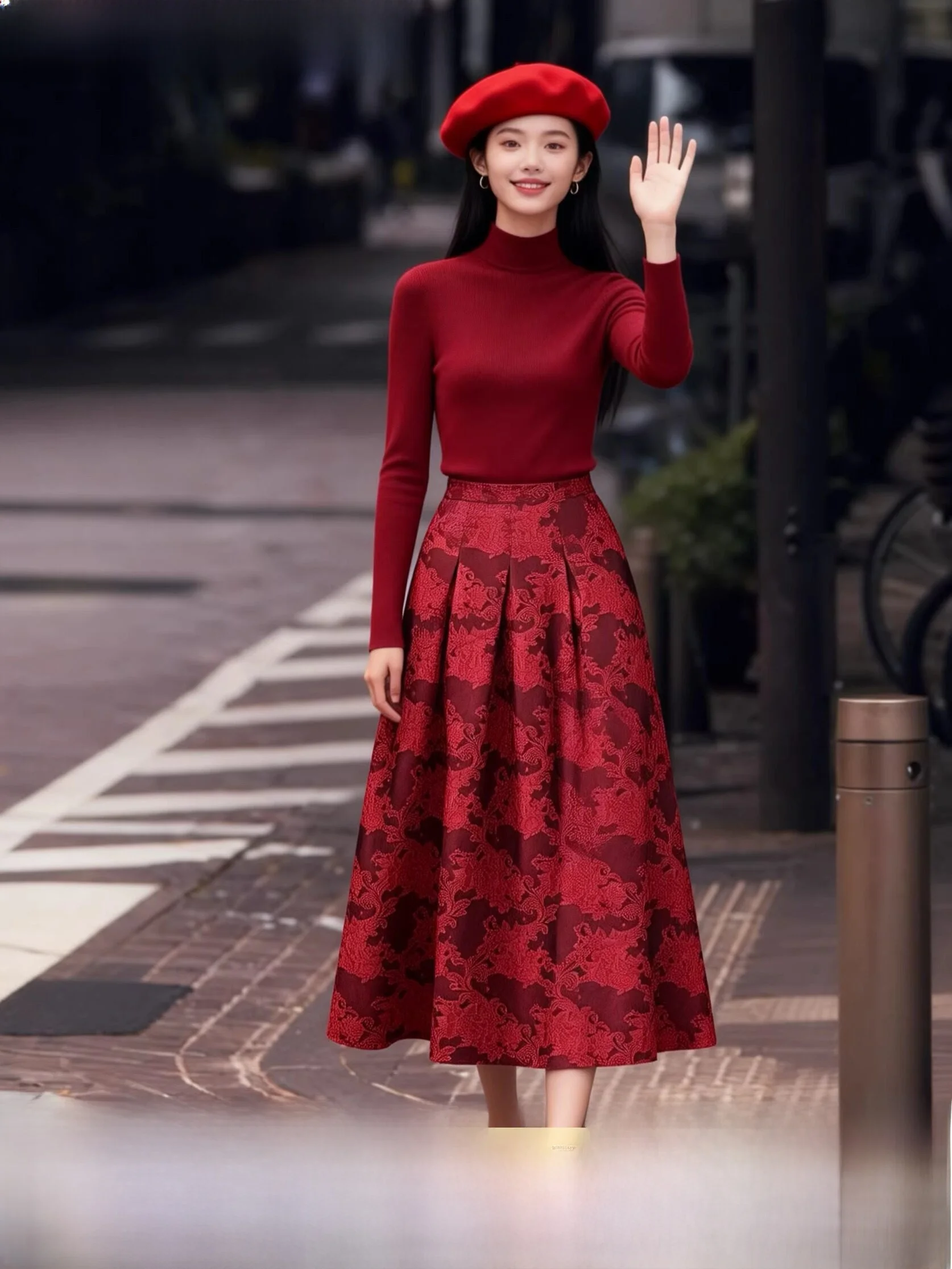 

Red Embroidered Floral Patterned f-length Skirt Faionable High-waisted A-line Dr for New Year's Celebration