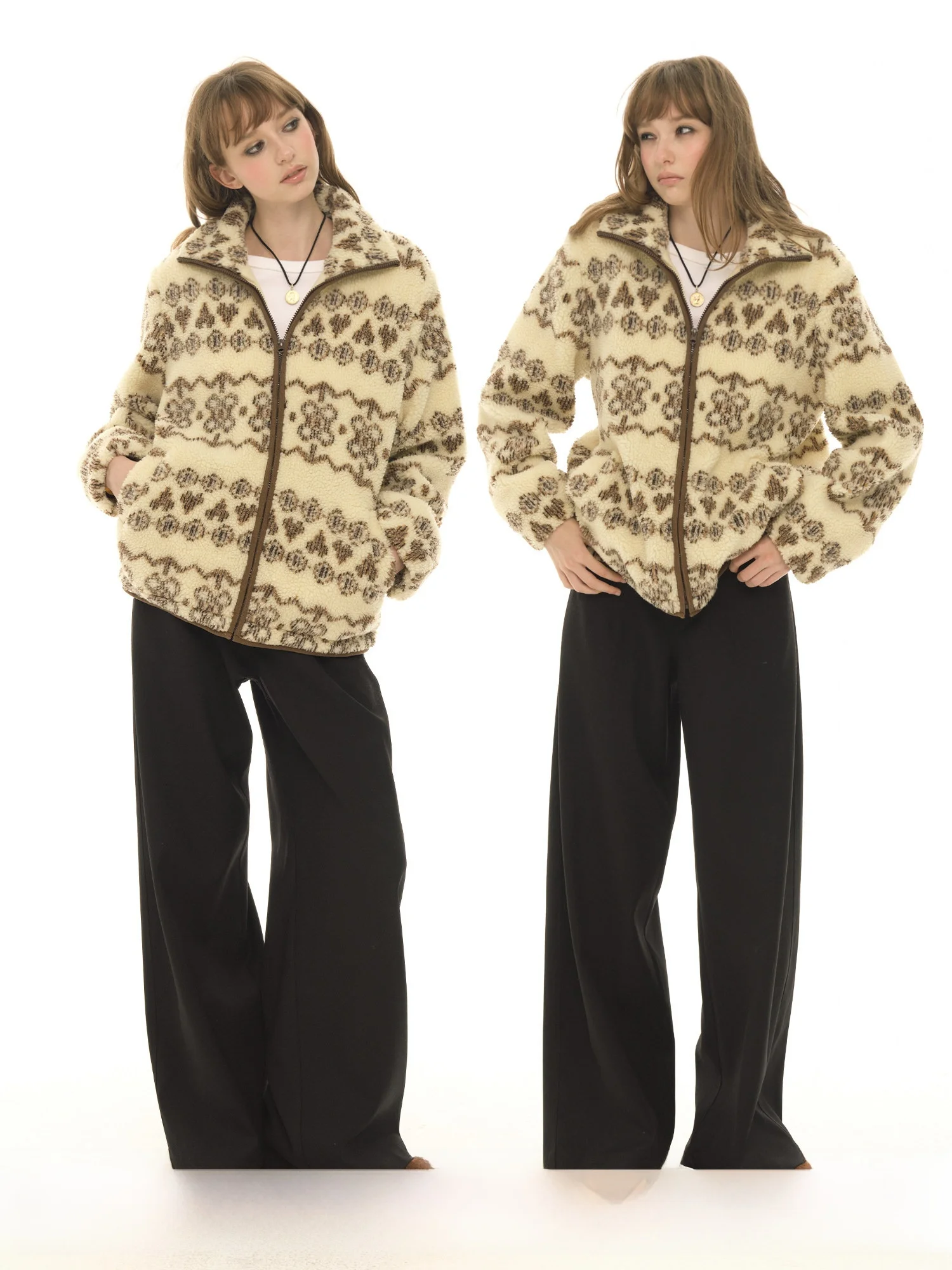 

Винтажная куртка UNRETRO с вышивкой и мехом ягненка, женская зимняя новинка, куртка на молнии с тотемным узором, повседневное короткое пальто