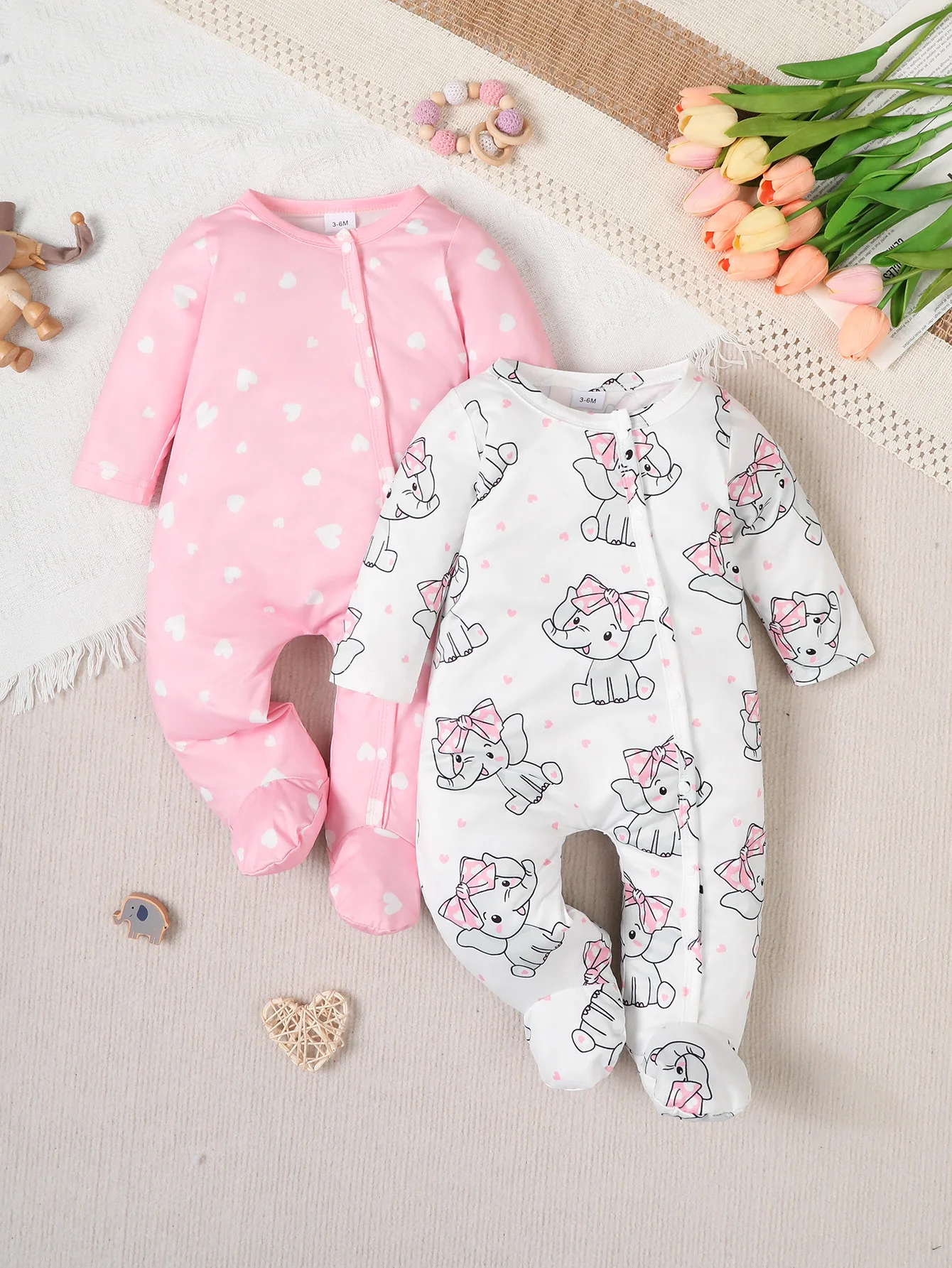

Summer 0-1 Years Old Infant Baby Girls Little Elephant And Heart-Shaped Full Print Long Sleeved jumpsuit Casual