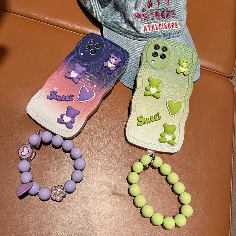 3D Fashion Cute Bear Cartoon Soft Silicone Phone Case On For Samsung Galaxy A22 4G 22 Hand Strap Bracelet Back Cover A 22