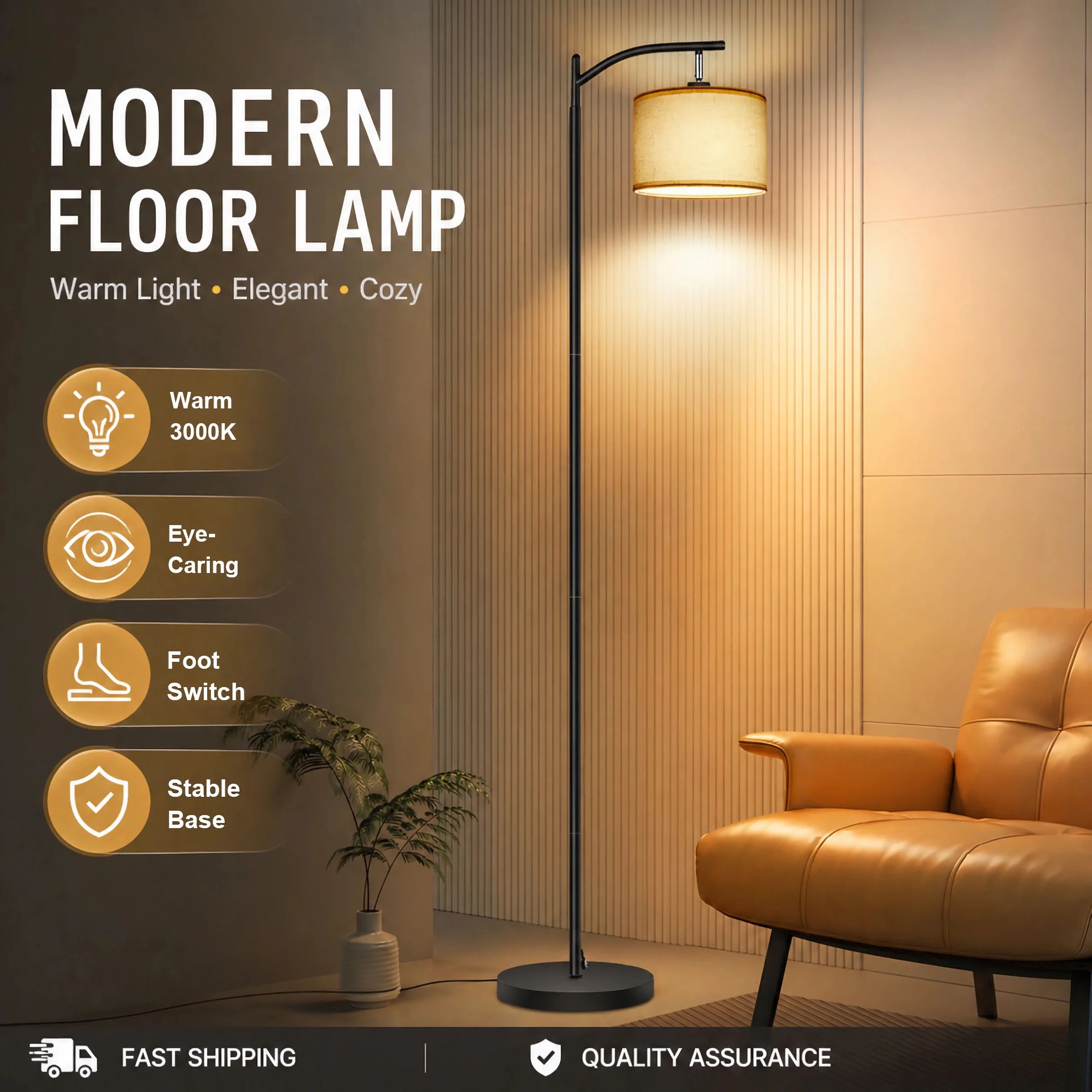 170cm Eck-Lesestehlampe mit Leinenschirm, E27 Glühbirne Inklusive, Warmes 3000K Licht, Fußschalter, für Wohnzimmer Schlafzimmer Büro