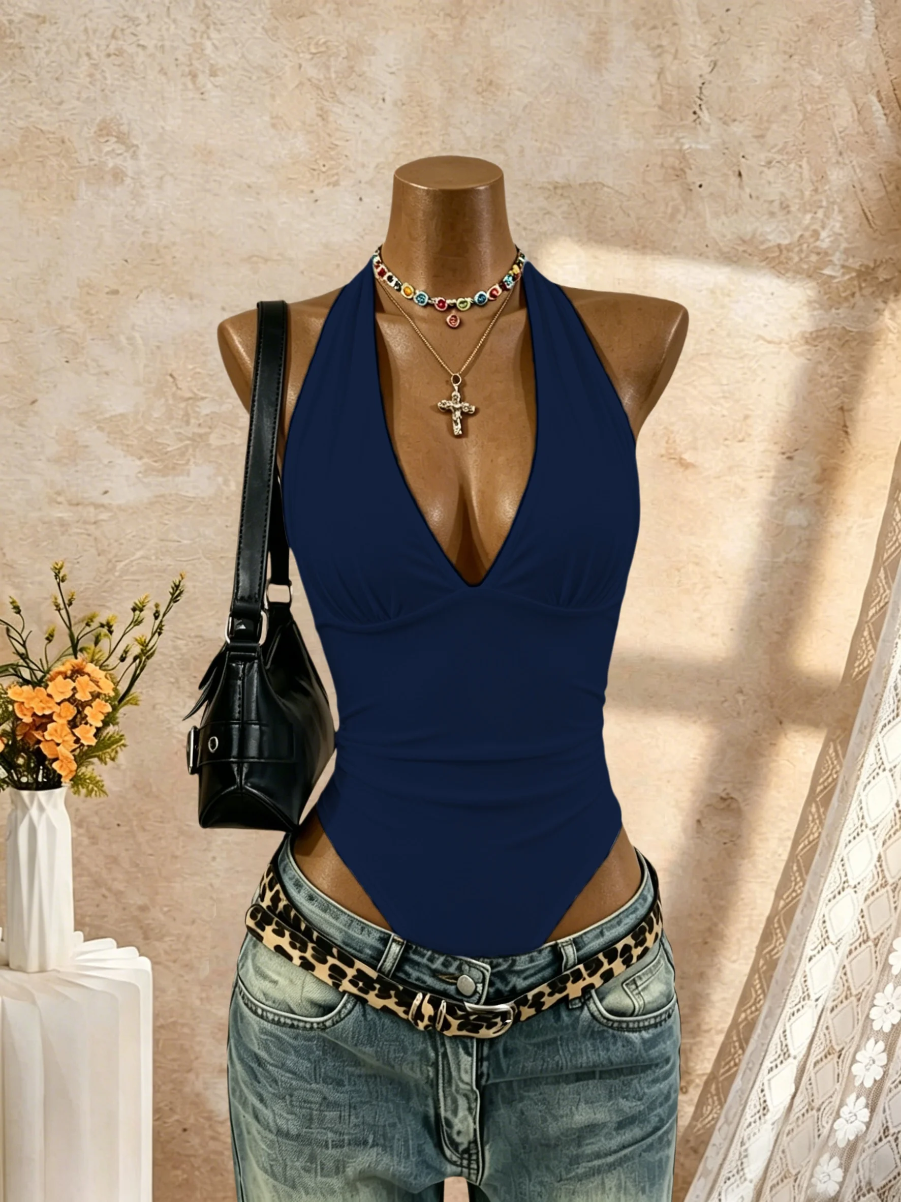 Damen Neckholder-Body mit tiefem V-Ausschnitt, gerafftem Design, schmaler Passform und hohem Beinausschnitt – Sommer 2026 Y2K Streetwear ärmelloses Tanktop – Detail 1