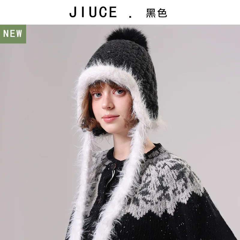 قبعة شتوية محبوكة أنيقة ودافئة مع بطانة من الصوف ولوحات للأذن، قبعة صوف عصرية فريدة من نوعها للطقس البارد #2