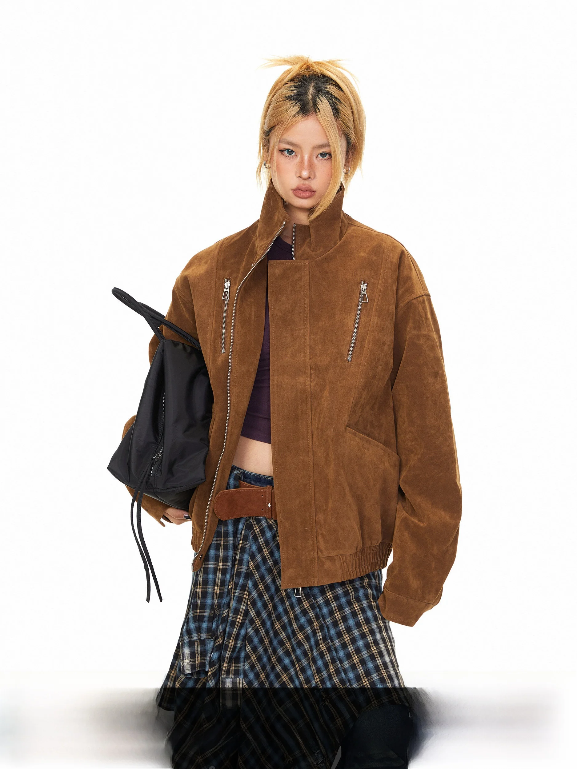 

Blabb Women's Suede Jaet Zipper Workwear Stand Collar Loose Outerwear American Retro Design Casual Sle Polyester Fiber