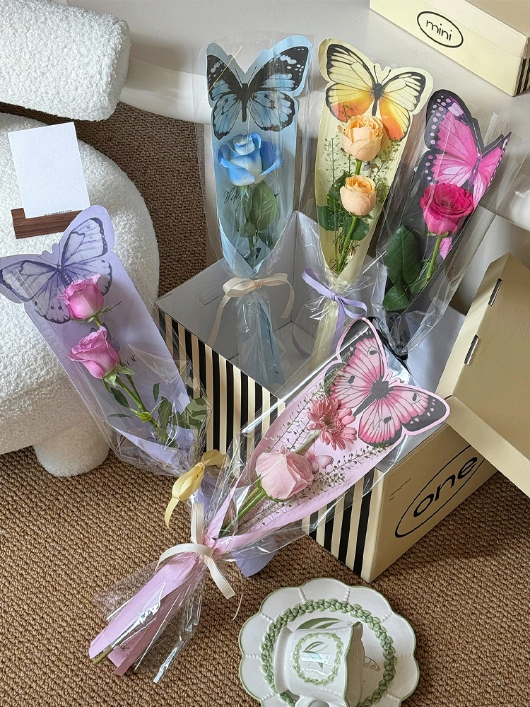 Valentine\'s Day 20pcs Butterfly Flower Wrapping Paper Card Insertion Flower Bag Transparent Single Rose Packaging Bag