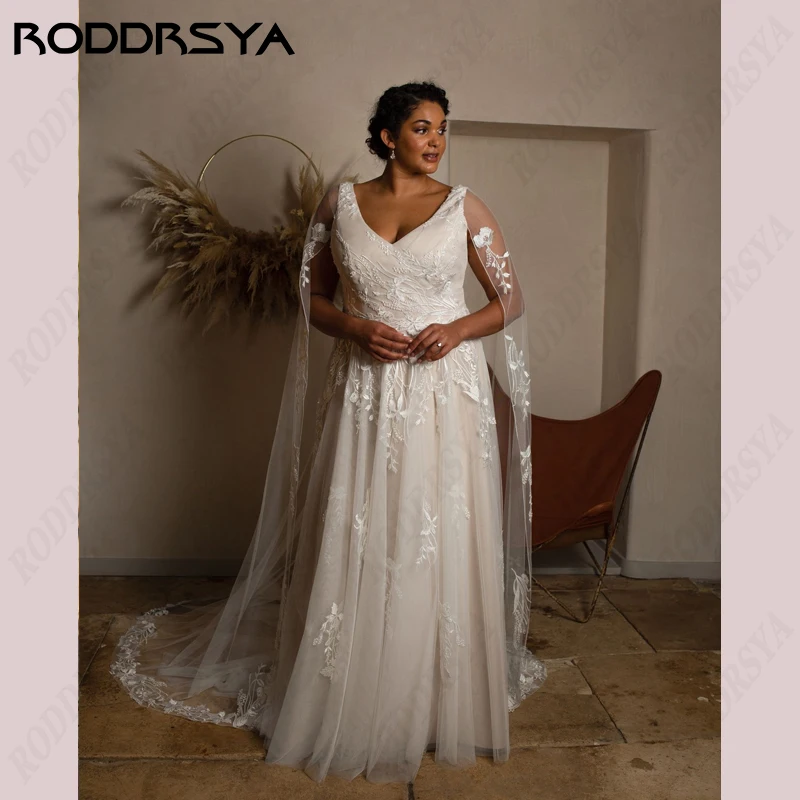 Roddrsya Tüll Brautkleid für Plus Size ärmellose Braut Party Spitze Applikation Strand Brautkleid A-Linie V-Ausschnitt Vestido de Novia Tüll Brautkleid für Plus Size ärmellose Braut Party Spitze Applikation Strand Brau