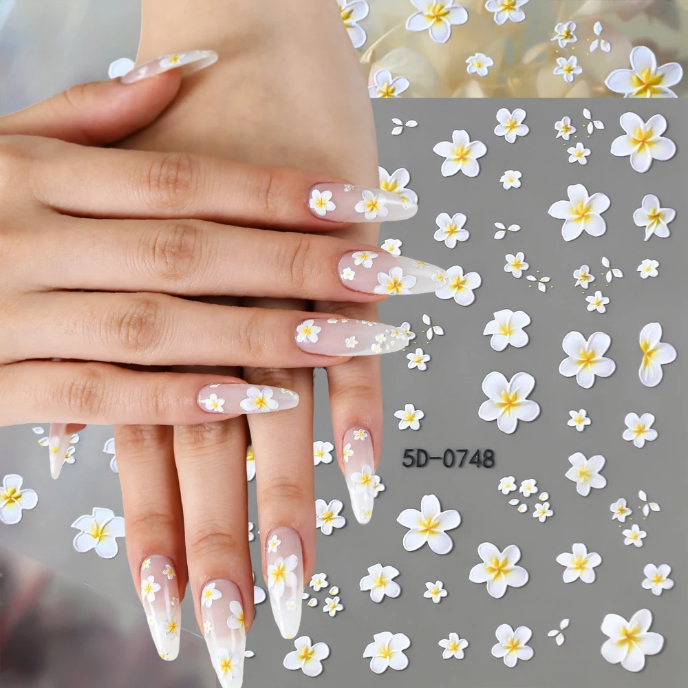 

1 лист 5D-наклеек для ногтей с тиснением, бело-желтый градиент, цветочные наклейки-деколи с рельефными лепестками, самоклеящиеся