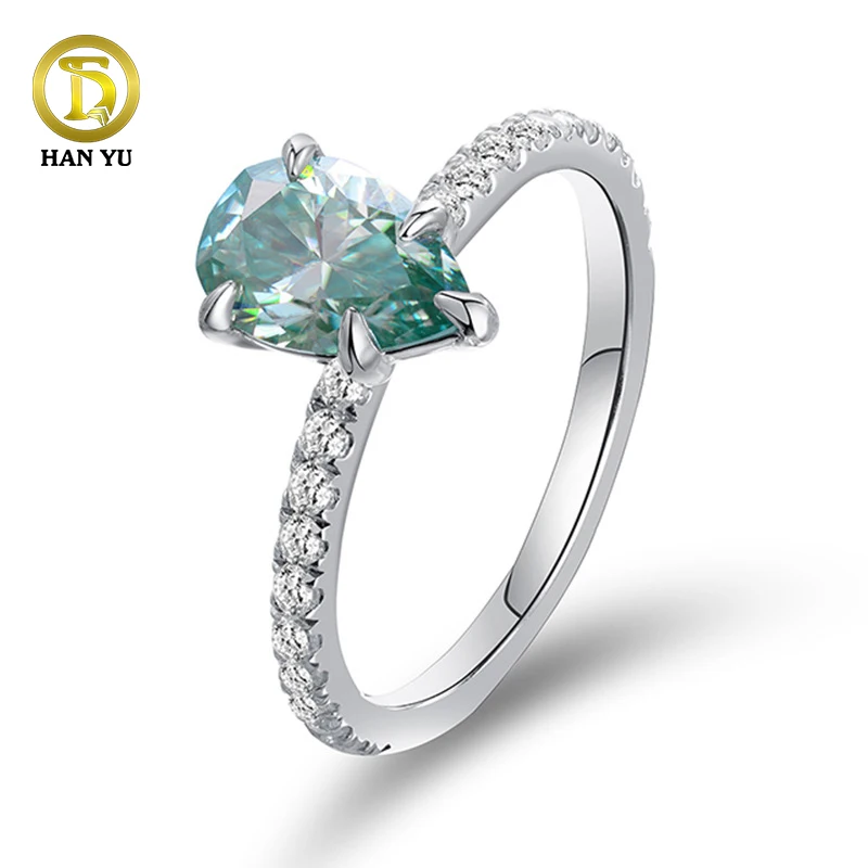 HanYu America Hot Selling 6*9mm Light Ocean Blue Moissanite GRA Cert 925 Sterling Silver 18K Plated Woman Ring