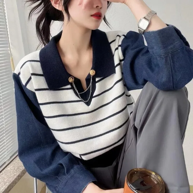 Women Preppy Style Denim Sleeve Patchworks Pullover Turn-collar Striped Sweater Knit Shirts Autumn Winter Loose Casual Jumpers