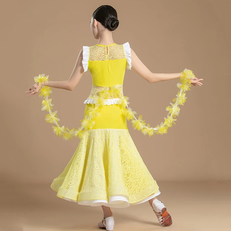Standard Ballroom Dance Dress Yellow Waltz Competition Girl Sleeveless Long Dresses For Modern Dance Performance Summer VDL263