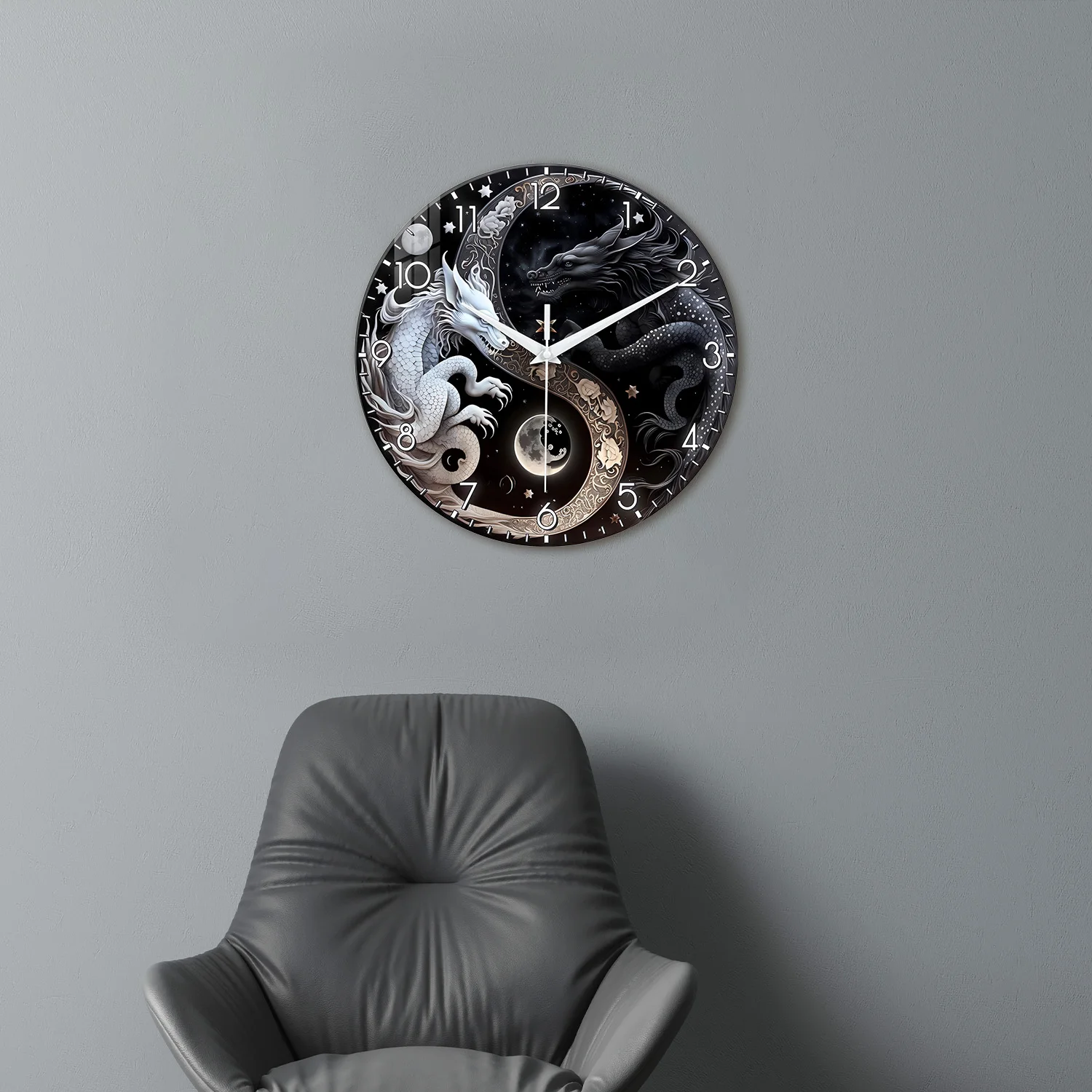 1pc glass wall clock, Oriental mythology black and white dragon design wall clock, home mute clock, decorate the living room