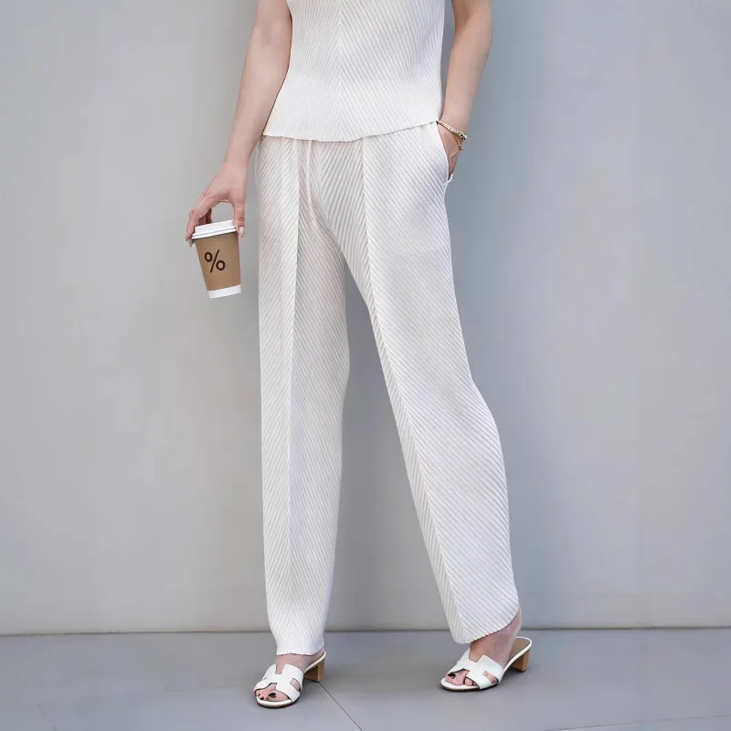 Miyake Pleated White Straight Pants for Women High-End Fish Scale Pleats Elastic Waist Loose Fit Commuter Casual Long Pants