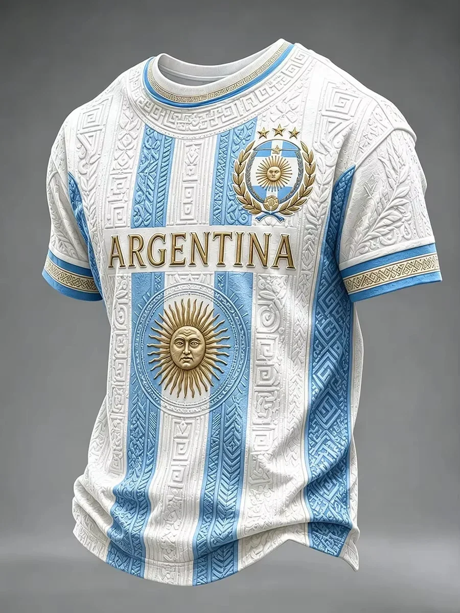Unisex Argentina Football Jersey Striped Print Sun Pattern Gold Letters Three Stars Crown 2026 Team Logo Fans Football Shirt