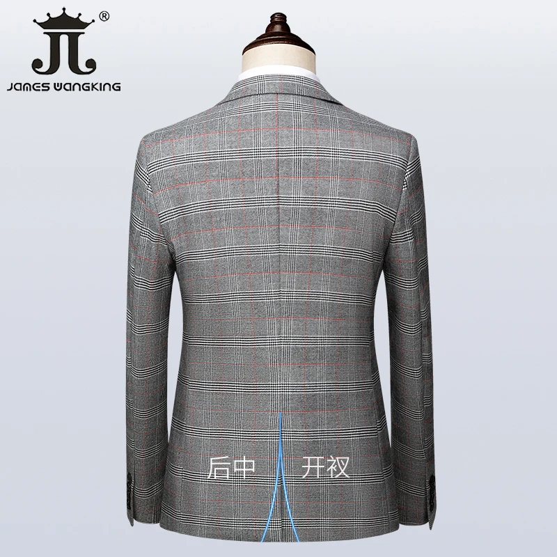 (  Blazer + Vest + Pants ) High-end Brand Gray Plaid Mens Formal Business Office Suit Three-piece Groom Wedding Dress Party Suit