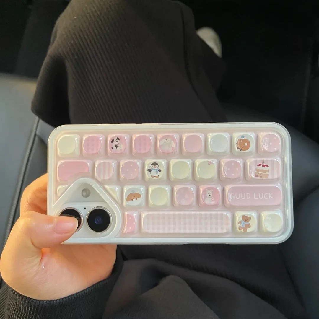Compatible for IPhone 16 14 12 13 11 15 Pro Max Iphone 16 11 Case Creative Keyboard Cartoon Lovely Penguin Pink Girl Soft Case