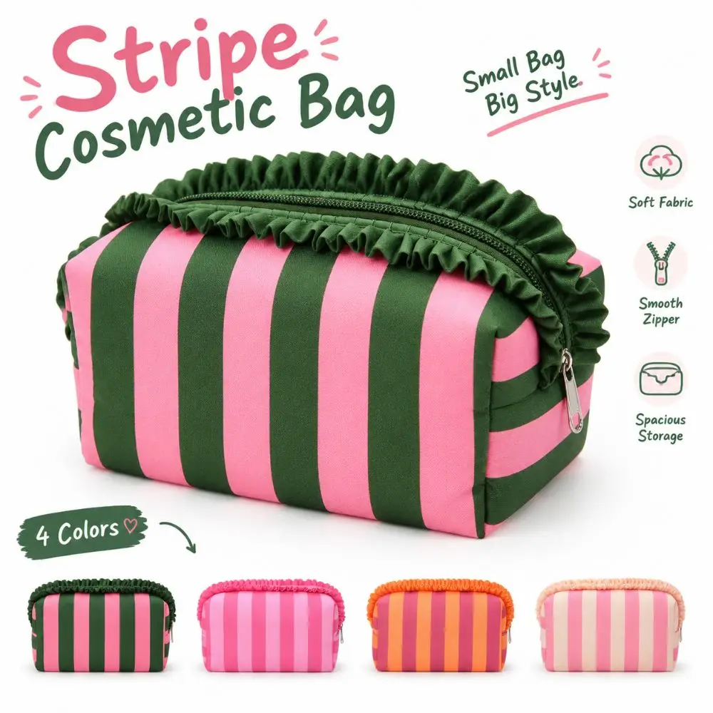 Portable Large Capacity Cosmetic Bag Ruffle Striped Makeup Organizer Zip Top Flat Bottom Toiletry Pouch Daily Use