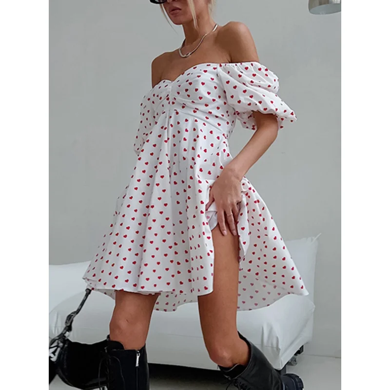 

Sexy off-the-Shoulder off-Neck Heart Printing Dress Women Puff Sleeve Cotton High Waist A- line Skirt Women's Clothing Fengsb