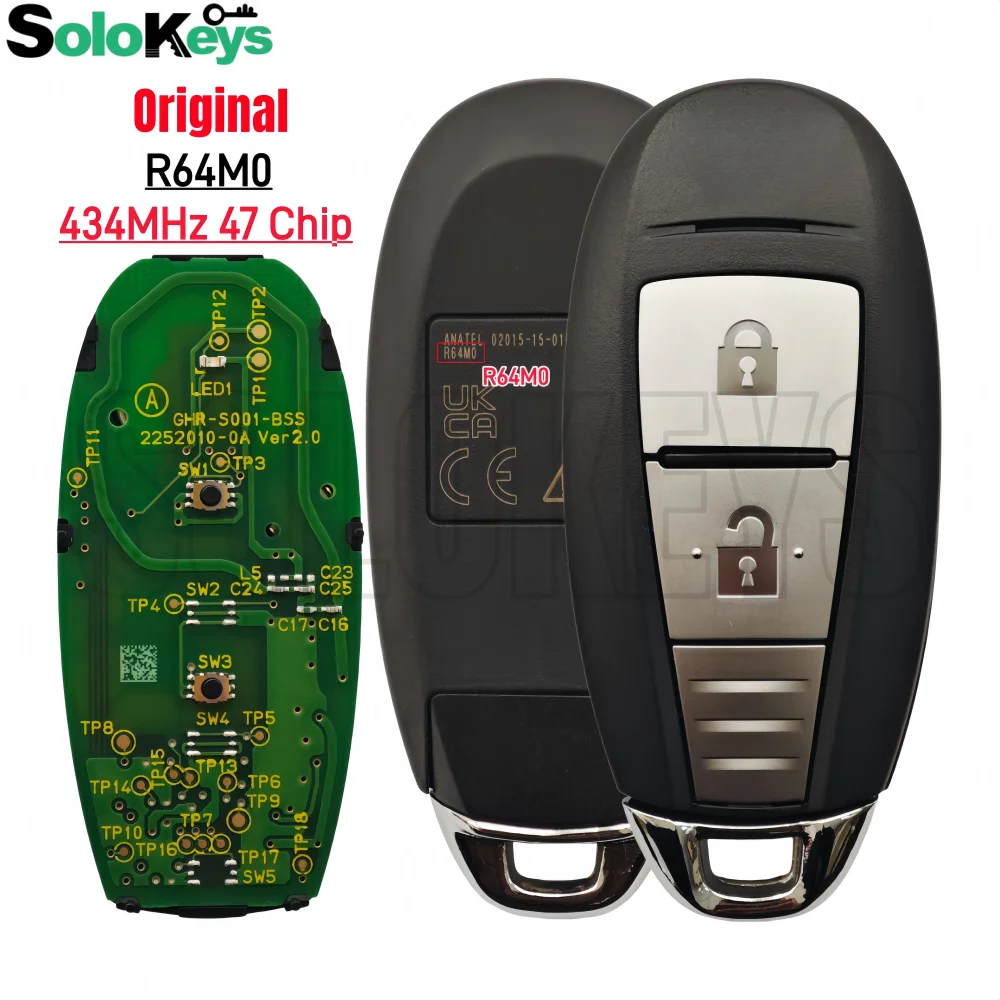 

Оригинальный смарт-ключ SOLOKEYS FCC ID:R64M0 для Suzuki Vitara 2015-2019, бесконтактный, 434 МГц FSK, чип 47 HITAG3 (PKE), 2 кнопки
