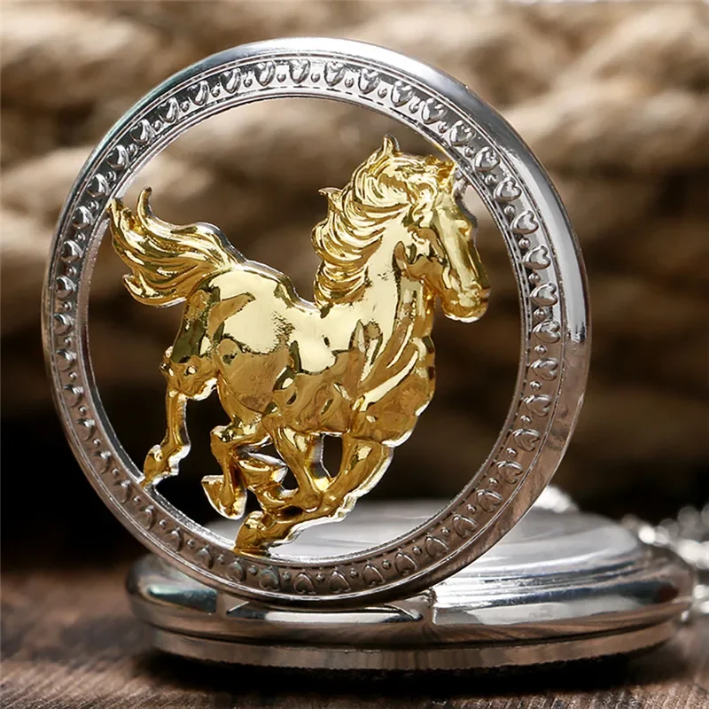 Silver Golden Horse Design Chinese Style Zodiac Men Women Quartz Analog Pocket Watch Sweater Necklace Chain Vintage Gift Clock