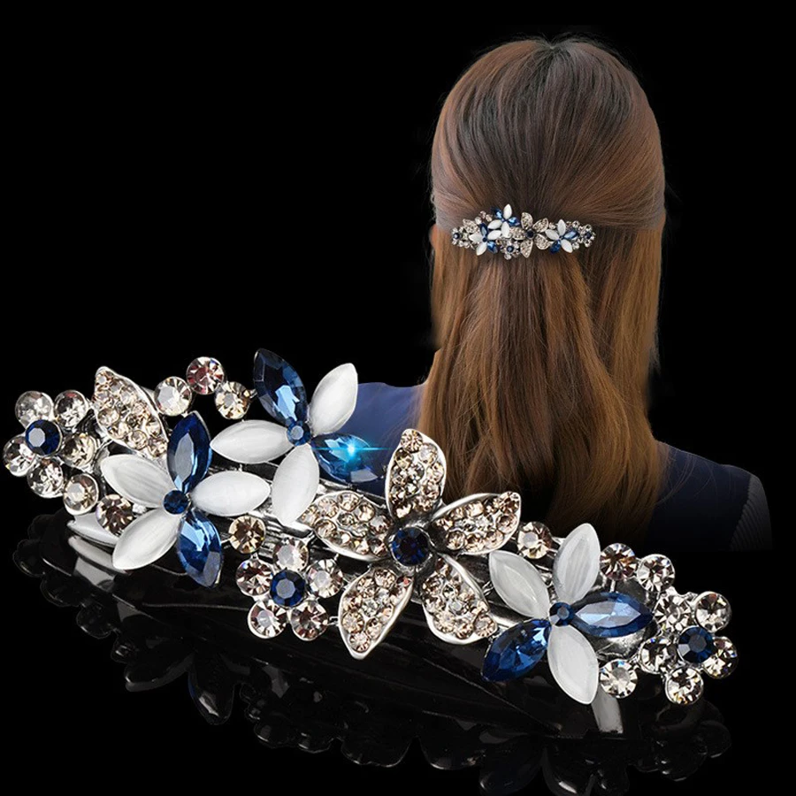 Metal Korean Headwear Elegant Crystal Hair Clip Large Size Spring Hairpin Top Clip Hair Pin