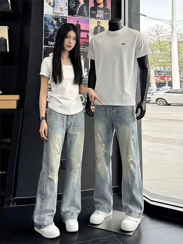 Calças Jeans Retrô Americanas Rasgadas Unissex de Verão Respiráveis com Perna Larga e Reta, Modernas e Soltas para Casais