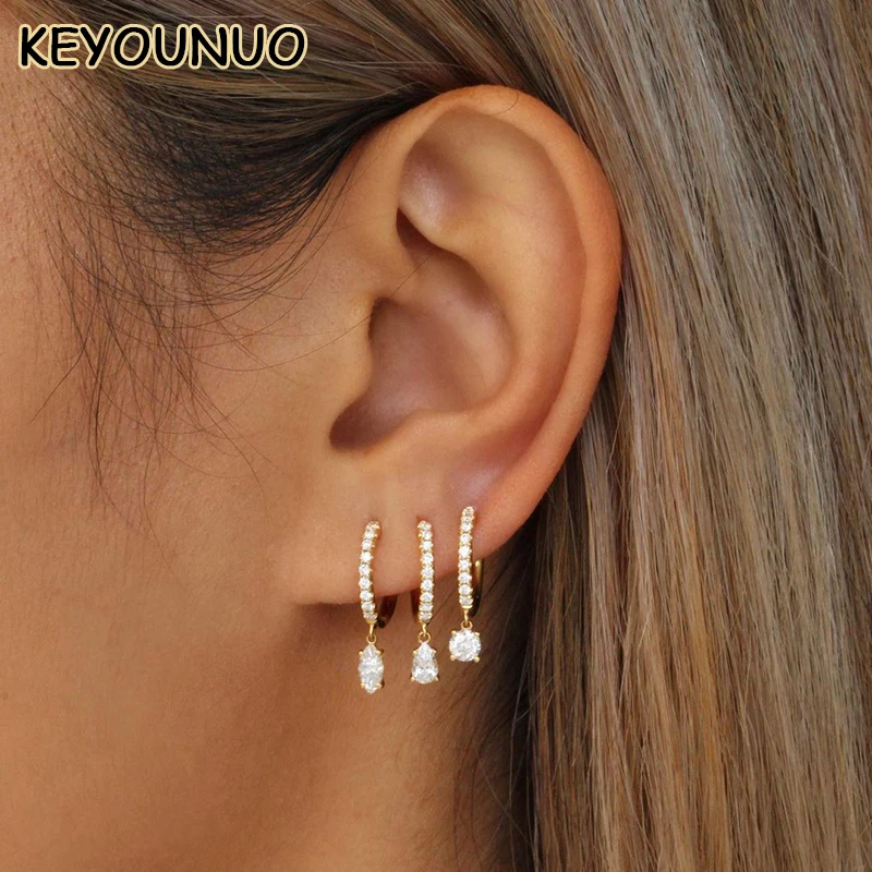 KEYOUNUO Gold Plated CZ Dangle Earrings For Women Earcuffs Teardrop Zircon Drop Hoop Earrings Fashion Party Jewelry Wholesale