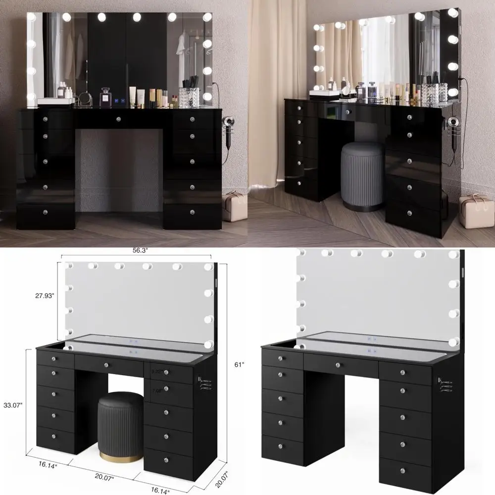 boahaus orla - tocador grande con tapa de cristal con altavoz bluetooth, 12 luces de Hollywood, 11 cajones, pomos de cristal, USB tipo C y tipo