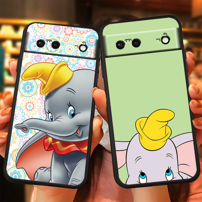 Cute Flying Elephant Dumbo For Google Pixel 9 8 7A 7 6A 6 5A 5 4 4A XL 5G Black Silicon Shockproof Shell Back Phone Case image 2