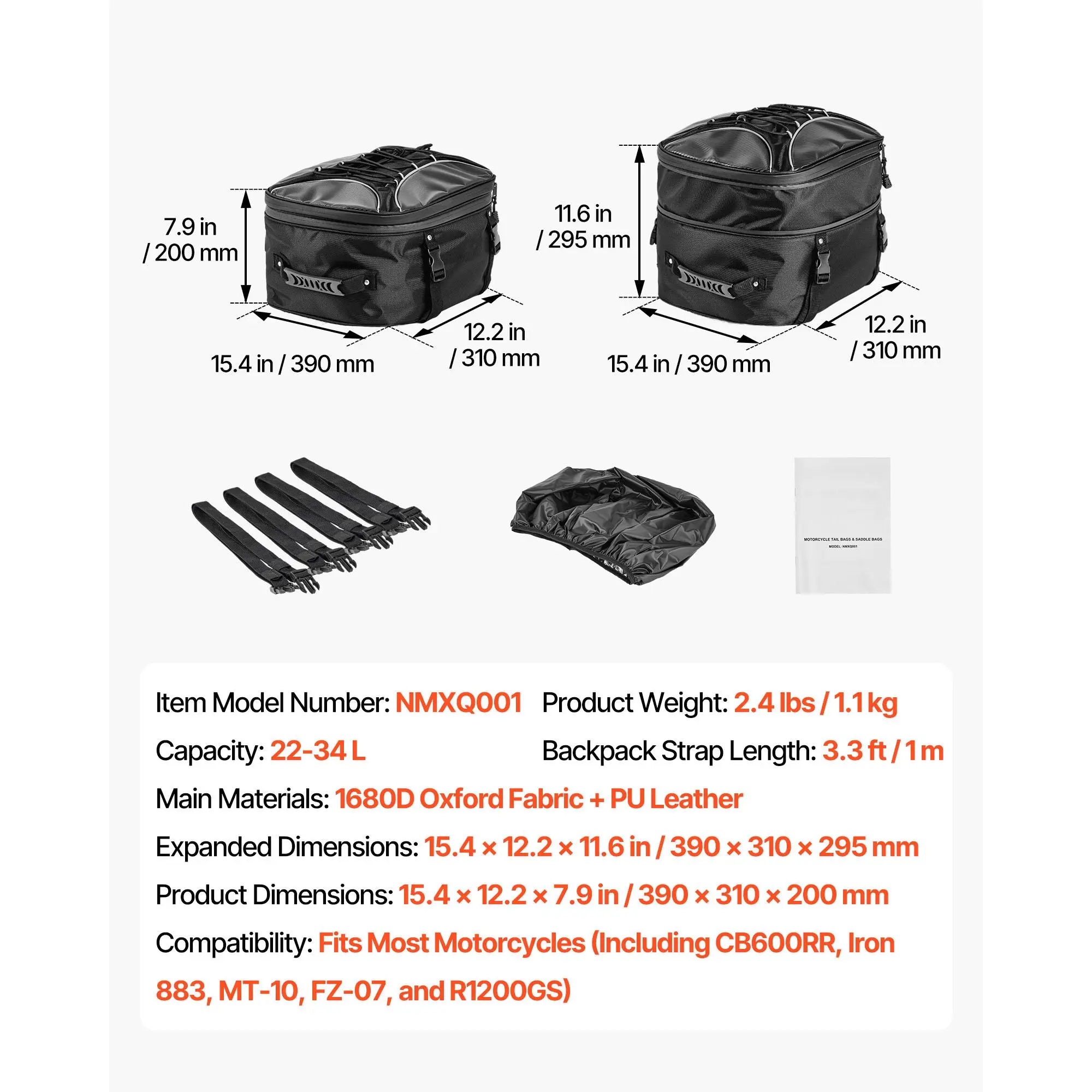Motorcycle Tail Bag, 22-34 L Expandable Motorcycle Rear Seat Bag with Waterproof Rain Cover, Outdoor Sports Motorbike Luggage Storage Backpack Handbag with Straps, Pocket & Elastic Cord, Black