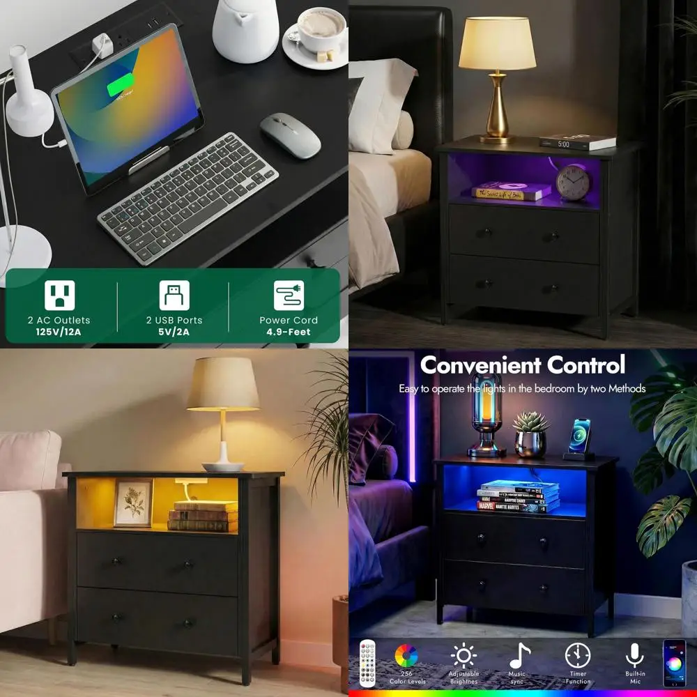 Mesa de Cabeceira Grande de Madeira com 27 Polegadas de Largura, 2 Gavetas, Estação de Carregamento com LED, Prateleira Ajustável, Ideal para Quarto, Sala de Estar e