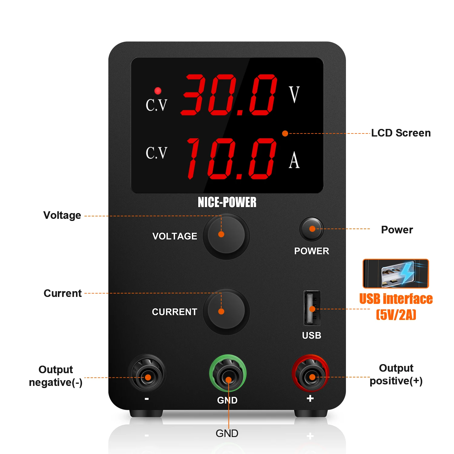 Imagem -03 - Bom-power Lab dc Fonte de Alimentação Ajustável 3-display Led Digital Tensão Variável Estabilizada 30v 10a Fonte de Comutação 5v 2a Usb