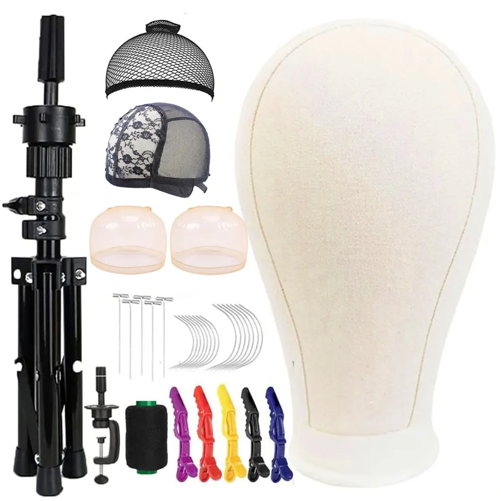 

21-24-дюймовая холщовая головка для парика, штатив для парика с головкой для демонстрации изготовления париков, набор головок манекена с шапочками для парика, иглы C