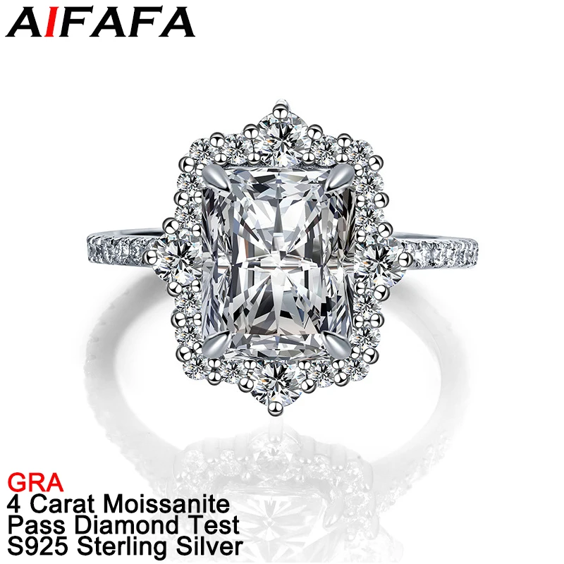 

AIFAFA 4 Carat All Real Moissanite Rings Radiant Cut 8*10 Gemstone S925 Pure Silver Wedding Band Jewelry Pass Diamond Test GRA