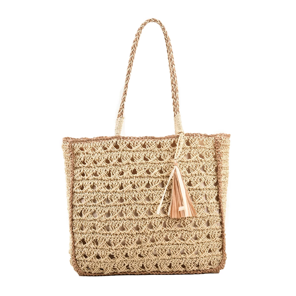 Women Weaving Handbag Hollow Out Tassel Shoulder Bag with Short Handle Solid Color Ladies Summer Beach Bag