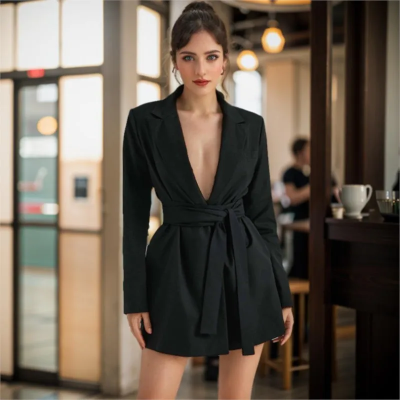 

Short Blazer Black Dresses for Women, Sexy V-Neck, High Waist, Slim Bandage, Office Lady Dress, 2025 Fashion blazer de mujer