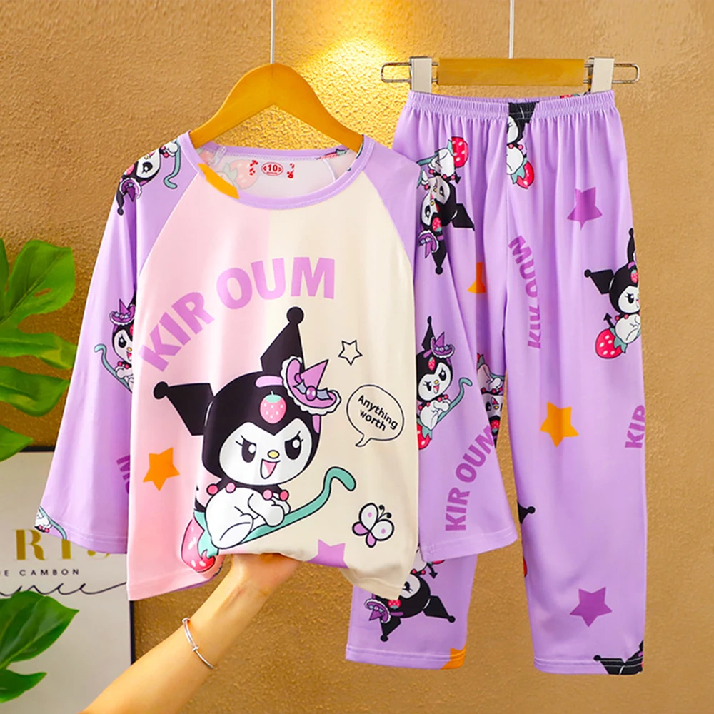 Anime Sanrioed Children's Pajamas Kuromi Cinnamoroll Melody Long Sleeve Kawaii Kids Summer Thin Style Cartoon Boy Girl Homewear