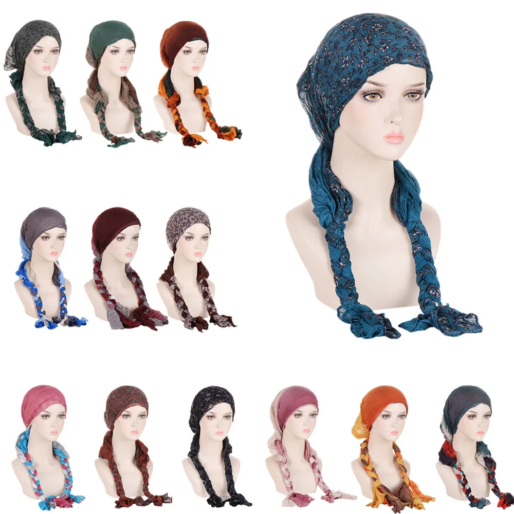 

Muslim Women Long Tail Braid Hijab Hat 2024 New Turban Cancer Chemo Cap Hair Loss Head Scarf Wrap Bonnet Beanies Turbante Mujer