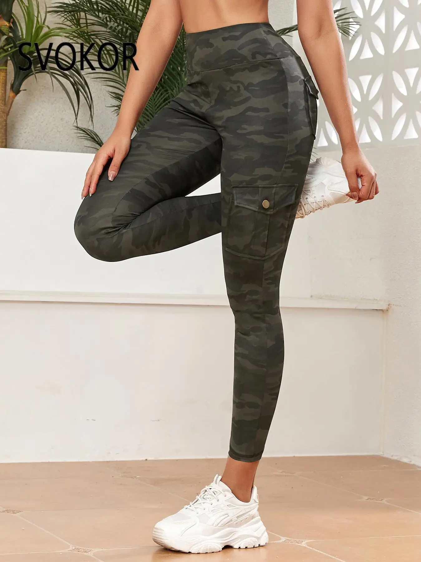 SVOKOR Camouflage Digital Print Women Legging Seamless Fitness Pants with Pocket Slim Workwear