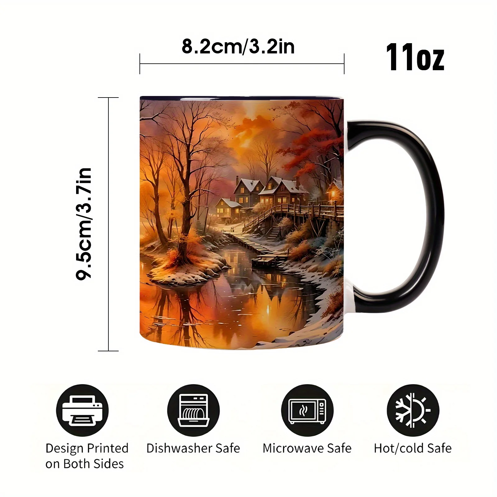 1pc 11Oz 2D Coffee Mug with Mystical Autumn Forest, Golden Lake Cabin & Moon - Gothic-Style Dark Brown Tree Bark Design, Dishwasher Safe Fall-Themed Cup for Tea/Cocoa - Enchanted Woodland Gift for Halloween & Coffee Lovers
