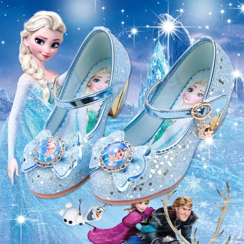 

Disney's new cartoon girls casual shoes children's high-heeled shoes elsa princess frozen cartoon bowknot leather shoes