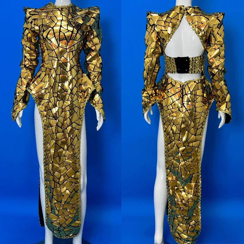 

Sexy Cutout Gold Mirrors Dresses Women'S Gogo Dancer Costume Pole Dance Outfit Bar Nightclub Ds Dj Evening Party Dress