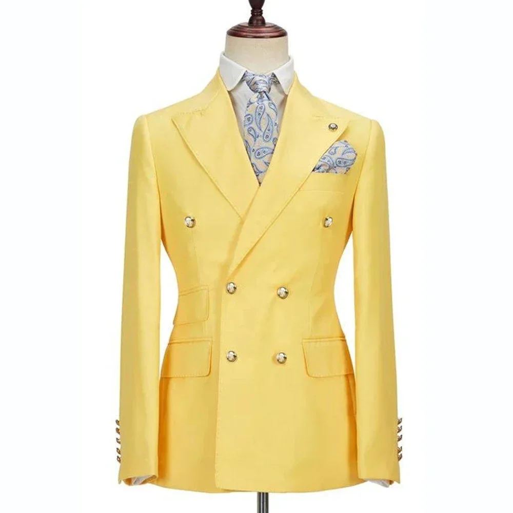 Blazer Hombre Yellow Suits for Men Chic Terno Double Breasted Peak Lapel Elegant Wedding Full Set Male 2 Piece Jacket Pants 2024