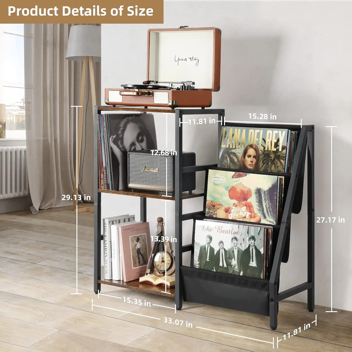 3-Tier Vinyl Record Storage Stand with Turntable Table and Display Shelf, Holds 200 Albums