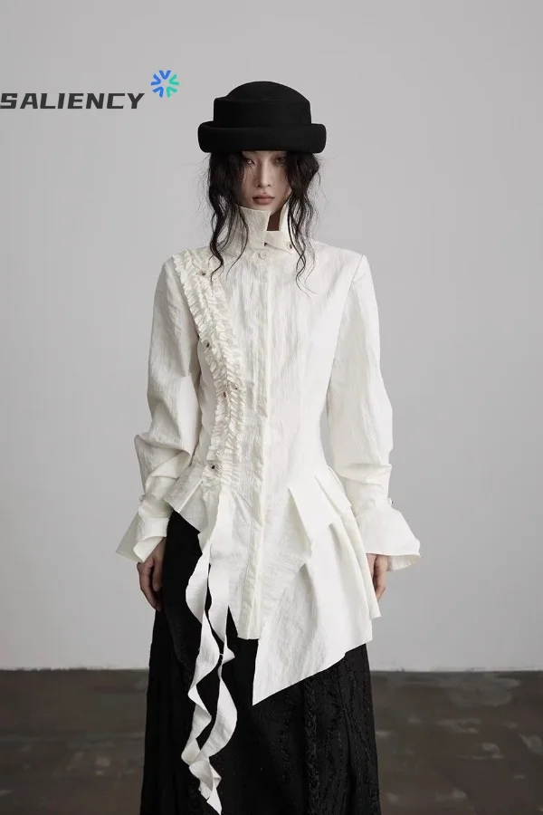 

SALIENCY Women's White Long-Sleeve Blouses and Shirts with Ruffled Asymmetrical for Spring Korean Clothes