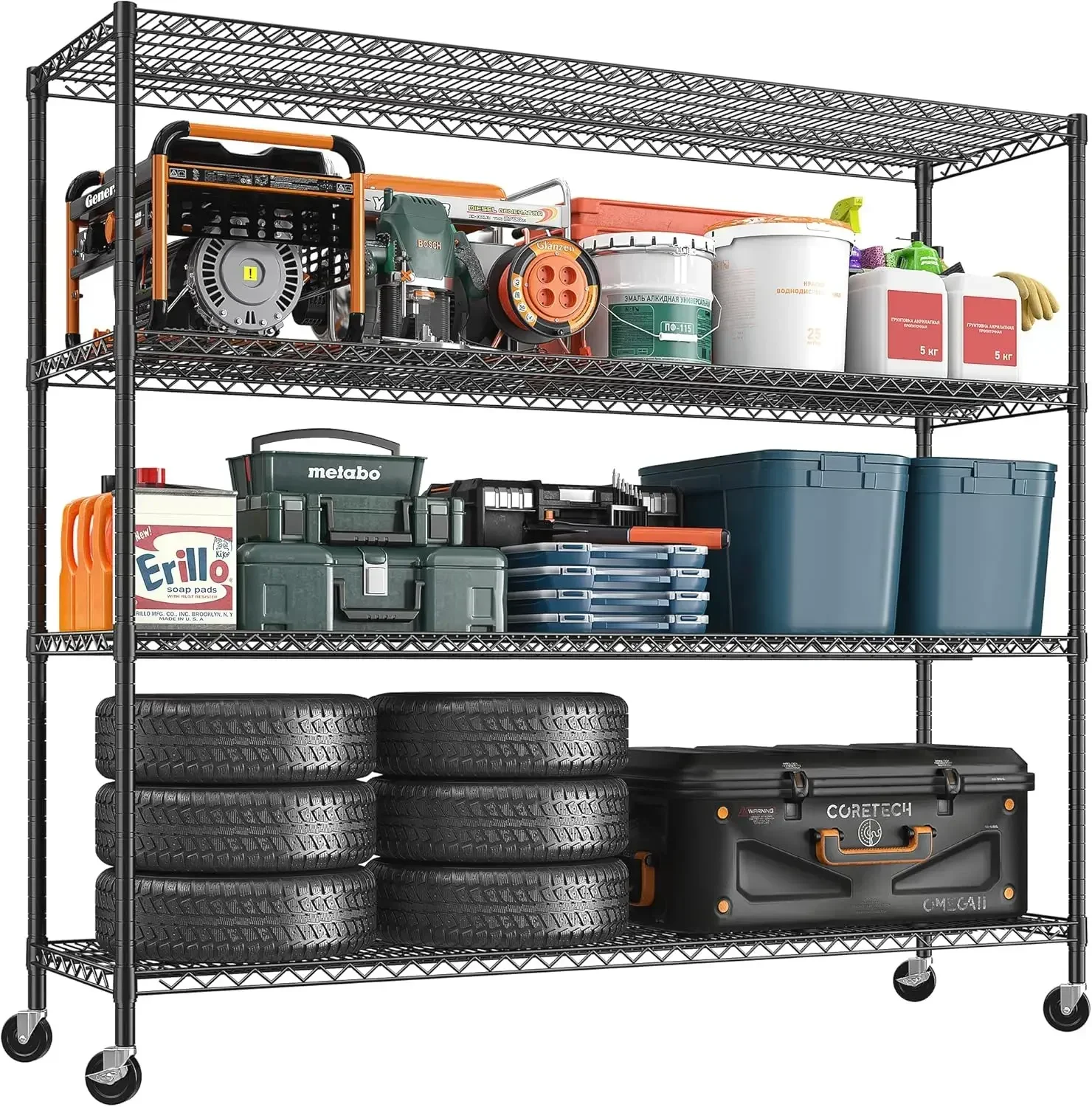 REIBII 2480LBS Rolling Garage Shelving with Wheels 4 Tier Heavy Duty Metal Shelves Rack Adjustable Wire Shelves for Garage, Pant