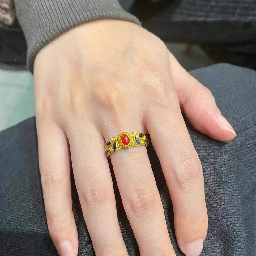 New retro floral dragon phoenix vine ring with rolled grass pattern enamel tourmaline color treasure adjustable women's jewelry