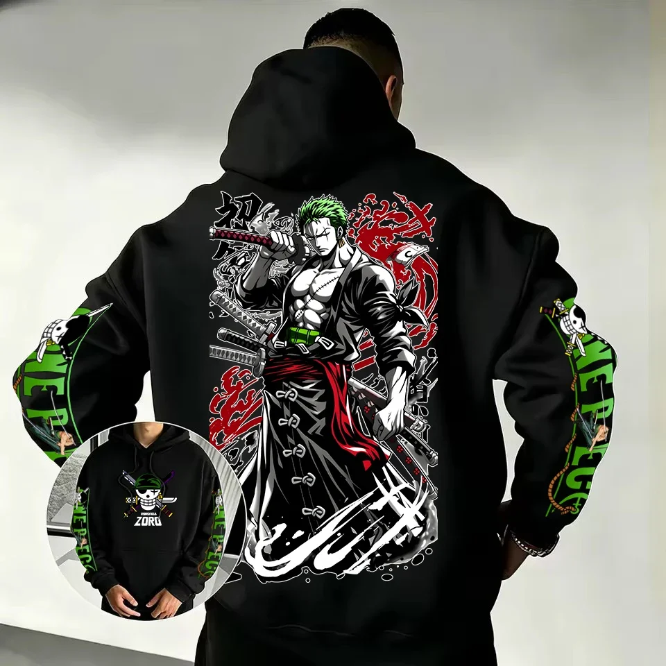 Roronoa Zoro Anime Graphic Double‑Sided & Sleeve Print Hoodie Men One Piece Character Street Hip‑Hop Loose Hooded Pullover