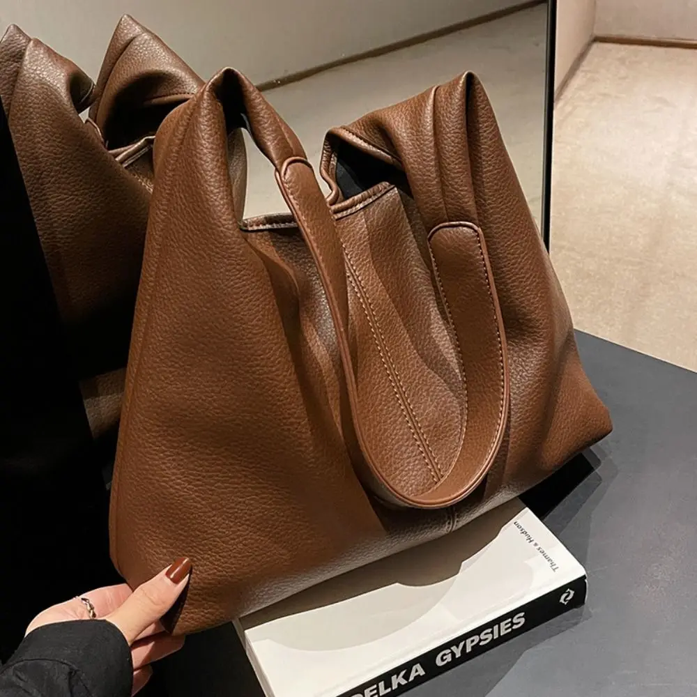 

Korean Style Lichee Pattern Tote Bag Solid Color Tote Bag Large Capacity Handbag Large Capacity PU Leather Underarm Packs