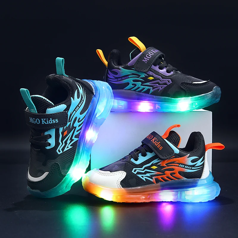 Mgo Kidss Teen Led Cartoon Dragon Sneakers - Boys' Sneakers with Flashing Lights, Camouflage and Solid Patterns, Velcro Closure, Ages 1-9, Perfect for Casual Play, Seasonal Youth Footwear | Dragon-Themed Shoes | Durabl